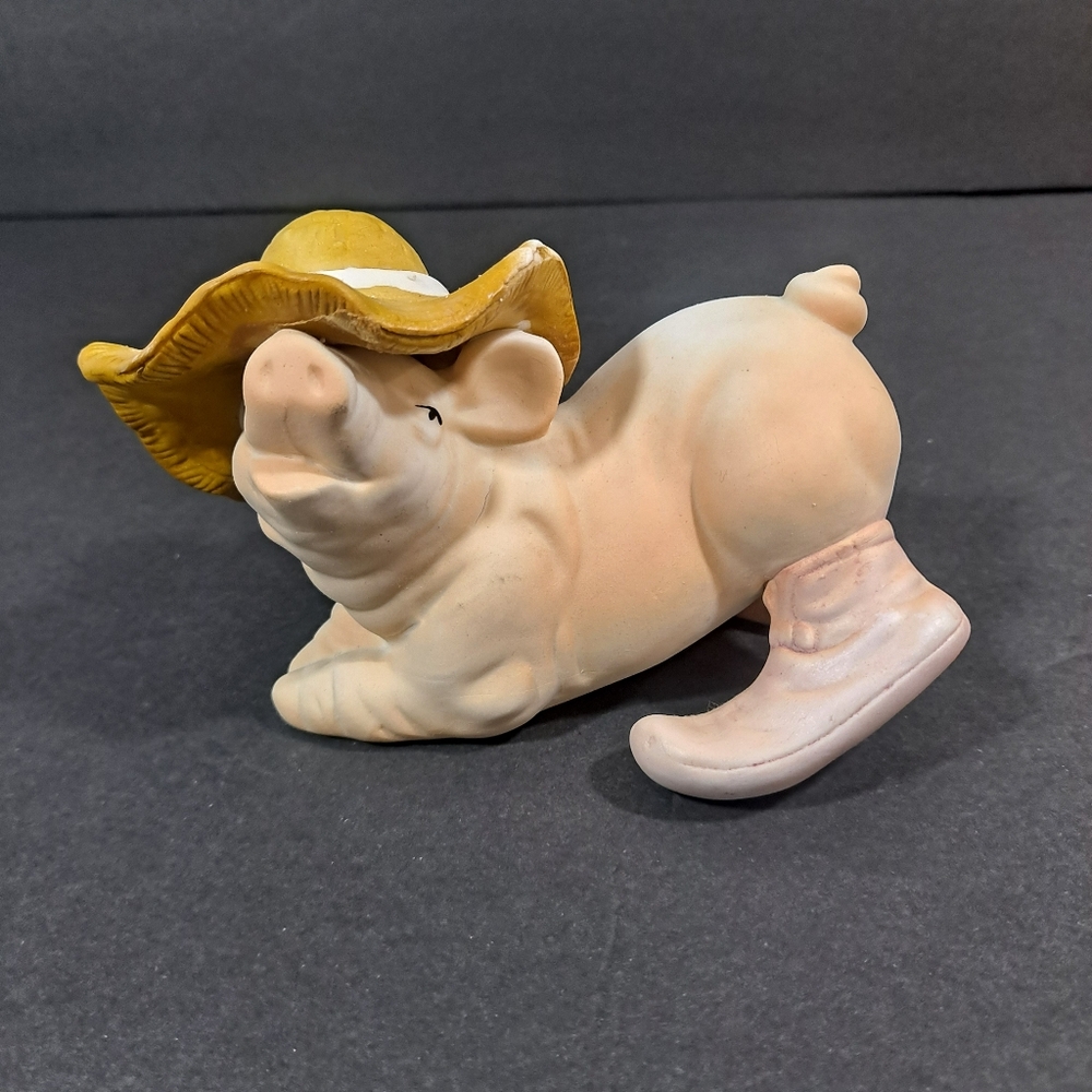 Vintage Porcelain Pig Figurine Floppy Hat With Boots Taiwan